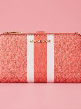 NWT Michael Kors Red & White Stripes Logo Patterned Double Wallet‎